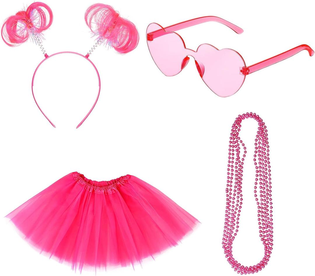 4th of July Tutu Costume Set American Patriotic Pom Pom Headband Layered Tulle Heart Sunglasses Necklaces for Women (Large, Pink)