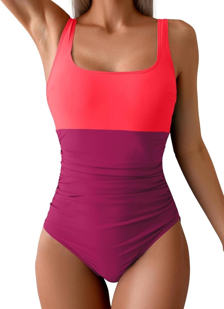 B2prity Womens One Piece Swimsuit Tummy Control Slimming Bathing Suit High Waisted Ruched Swim Suit Color Block Swimwear (Small)