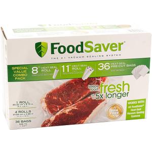 Special Value Combo Pack FoodSaver 8" & 11" Rolls & 36 Heat-Seal Pre-Cut Bags BPA free