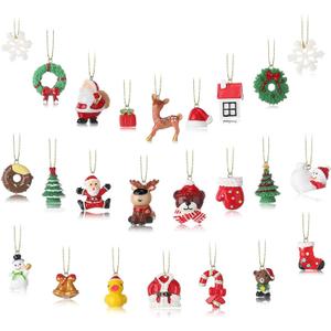 24 Pieces Mini 3D Resin Christmas Ornaments Small Hanging Christmas Tree Decorations Santa Snowman Xmas Tree Ornaments Miniature Figurines Holiday Tiny Resin Decoration, Assorted Styles