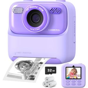Upgrade Kids Camera Instant Print for Boys and Girls, 1080P HD Dual-Lens Selfie Digital Camera with Print Paper & 32G Card, Christmas Birthday Gifts Toys for Toddler and Teenagers Age 3-16 Years Old (Purple)