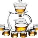 Glass Teapot Set Semi Automatic Drip Rotating with Infuser Chinese Heat-Resistant Lazy Kungfu Tea Set (Clear, Teapot Set)