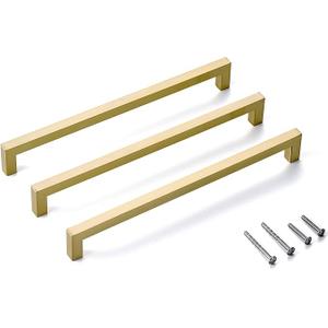 10 Pack 10 Inch Hole Center Gold Square Kitchen Cabinet Pulls Stainless Steel Brushed Gold Cabinet Handles Drawer Handles Dresser Hardware