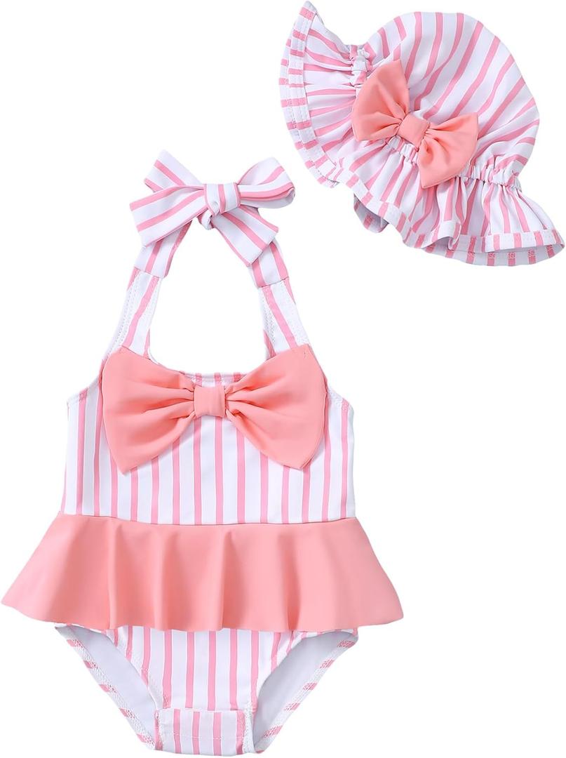 Kucnuzki Baby Girl Swimsuit Newborn One Piece Bathing Suit Bow Tie Bikini Tankini Infant Swimwear with Hat (3-6 Months, Pink Strip)
