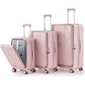 3 Piece Luggage Set 100% PC Hardshell, Front Opening Expandable Suitcase (20/24/28) with Laptop Compartment & Free Custom PVC Covers, Trunk Style Lightweight Spinner Wheels TSA Lock (Pink)