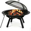 Outdoor Wood Burning Fire Pit, Heavy Duty Round Steel Fire Bowl for Backyard, Patio, Camping, Bonfire, Black Finish, with Mesh Spark Screen and Hook