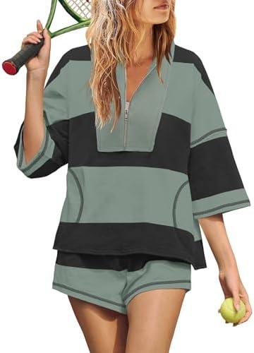 Yanekop Womens 2 Piece Outfits Summer Striped Lounge Set Two Piece Matching Workout Sets Oversized Short Sets Tracksuits, S