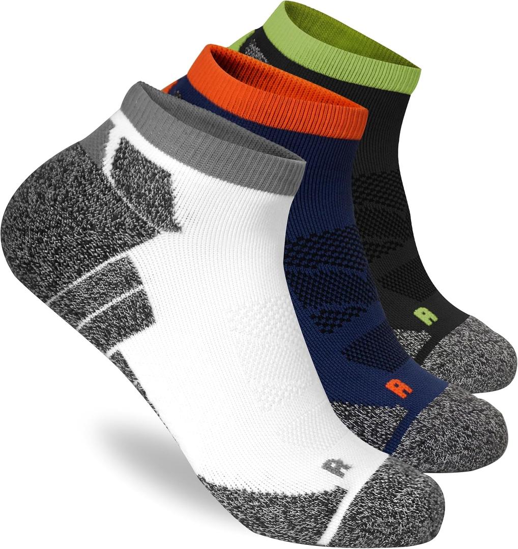 Wildarms Mens Compression Running Ankle Socks Low Cut Anti-Blister Moisture Wicking Cushioned Athletic Socks for Men 3 Pairs (8-10, Black+ Gray+ Dark Blue)