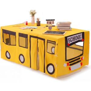 Oudain 10ft x 7.5ft Large Tablecloth Playhouse for Kid Table Fort Cover Table Cloth Tent Playhouse for Dining Room Birthday Indoor Outdoor Party Playground (Yellow Color, School Bus Style)