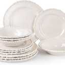 AELS Beaded Melamine Dinnerware Set of 12 Pcs Dinner Dishes Set for Indoor and Outdoor Use, Dishwasher Safe, Lightweight Unbreakable, BPA Free, Glossy Cream