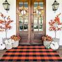 Orange and Black Plaid Rug, 3' x 5' Fall Outdoor Front Door Decor Mat, Cotton Washable Hand-Woven Rug for Layered Doormat, Autumn Halloween Thanksgiving Carpet for Porch, Entryway