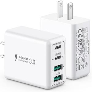 [2 Pack] USB C Wall Charger, 40W 4-Port USB C Charger Block,Fast Charging Block Dual Port PD+QC Wall Plug Multiport Type C Compatible with iPhone 14/13/12/11/Pro Max/XS/XR/8, Samsung Phone,Tablet (2 Pack White)