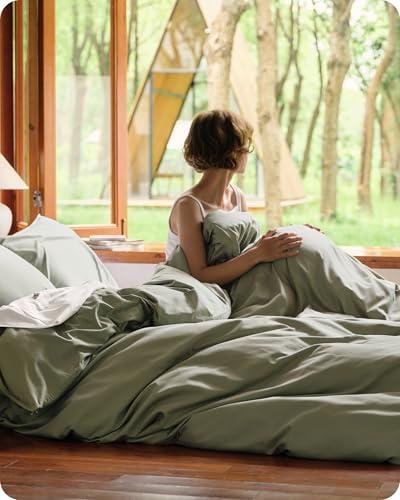 Bedsure Cotton Duvet Cover Queen Size, Cotton & Rayon Derived from Bamboo Blend Duvet Cover Set for Hot Sleepers, 2 Pillowcases 2 Duvet Covers ,Ultra-Soft, Breathable & Lightweight Home Bedding for All Seasons (Sage Green,90"x90")