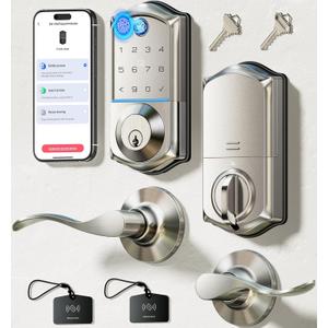 Veise VE017-L Fingerprint Smart Lock with Lever Handles, App Control, Keyless Entry Front Door Lock Set, Electronic Digital Keypad Deadbolt, Remote Grant, Emergency Power Port, Auto Lock, Satin Nickel