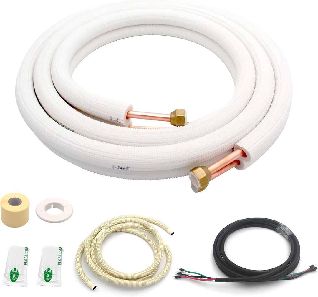 TAUROX 10FT Mini Split Line Set 1/4" & 3/8" O.D Copper Pipes Tubing and 3/8" White Thickened PE Insulation Coil, for Mini Split Air Conditioning or Heating Pump Equipment and HVAC with Flared Nuts.