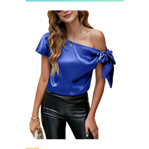 VIDUSSA Women's Off Shoulder Silk Tops Casual Short Sleeve Asymmetrical Neck Satin Blouse Shirts, Size XL