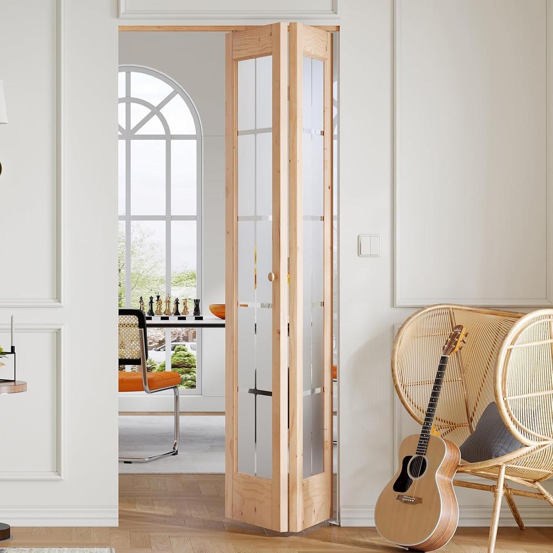 Preassembled Bi-Fold Doors, for 36 x 80 inch Opening,Tempered Frosted Glass Cross Transparent Folding Barn Door with Concealed Hardware Kit,Wood French Doors,Easy Installation (35-1/2" x 78-3/4"(fit opening 36''x80-3/4''))