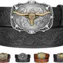 Leather Western Buckle Belts for Woman Men Christmas Gifts, Cowboy Cowgirl Country Embossed Belt for Jeans