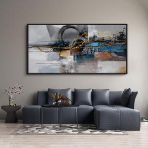 XLSJERST Large Abstract Frame Wall Art - Black and Blue Cnavas Framed Artwork for Walls Modern Minimalist Boho Gray Pictures Wall Decor for Living Room Bedroom Office Home Decoration 29x58 Inches (30x60)