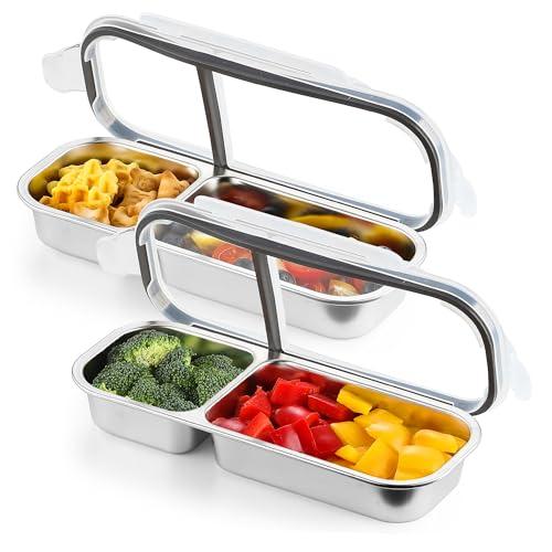 3 Compartment Stainless Steel Snack Containers with Lids- 2 Compartments Bento Lunch Snack Boxes - Reusable Meal Prep Lunch Containers for Adults for Home Travel (2compartment2PCS)