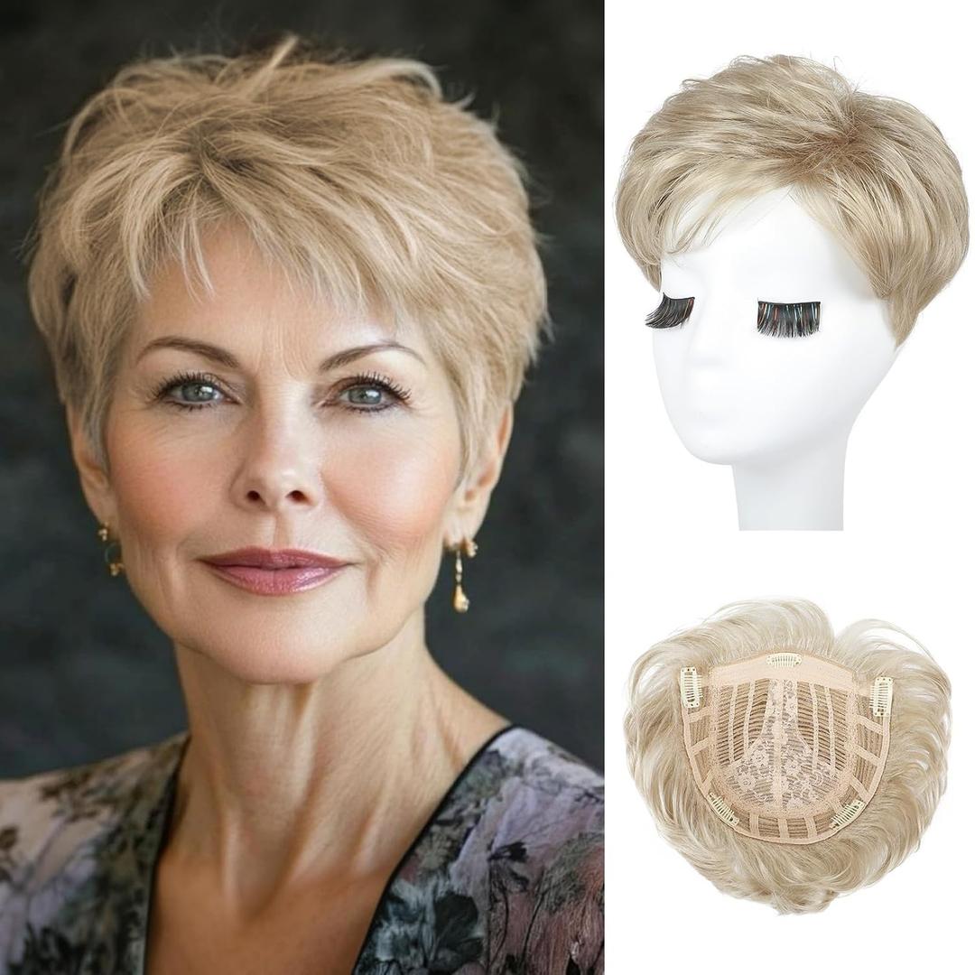 REECHO Hair Topper for Women - 100% Japanese Revolutionary Fiber Short Toupee Wiglet Topper Hairpiece for Women with Thinning Hair Loss Lightweight Large Base for Full Coverage - Light Ash Blonde