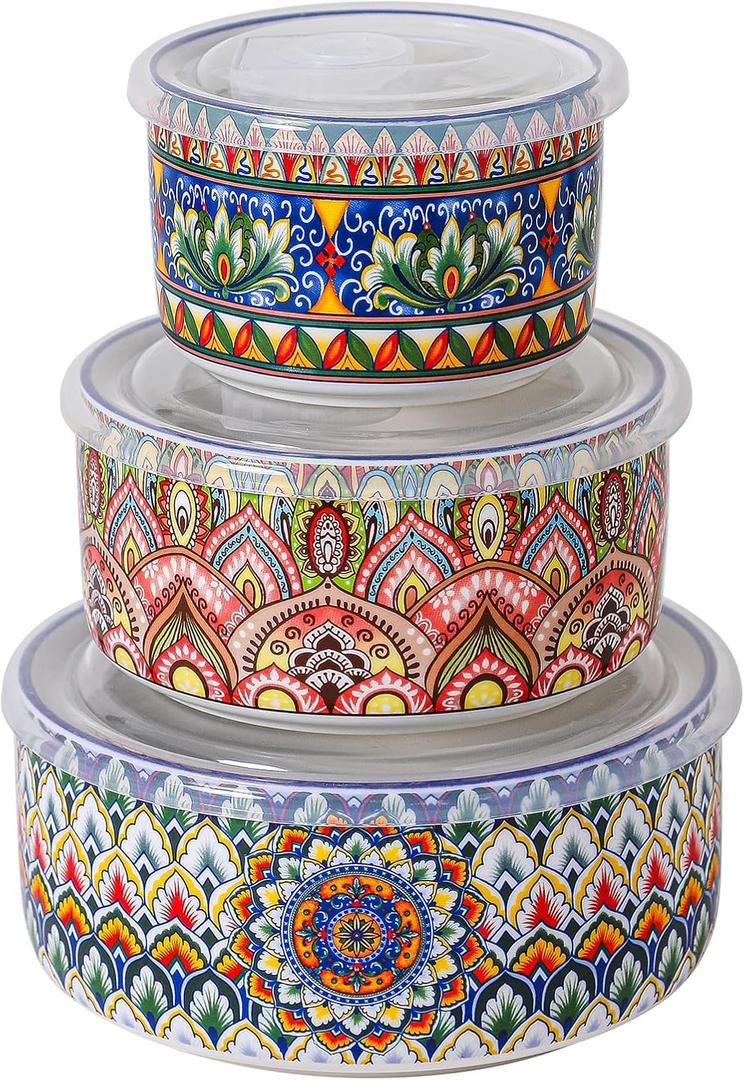 Henten Home Ceramic Serving Bowls with Lid, Colorful Nesting Bowl Set of 3, Porcelain Boho Bowls for Prep, Food Storage, Meals, Microwave & Dishwasher Safe, 10/20/32 oz