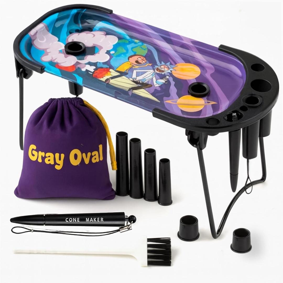 Rolling Tray with Cone Loader Accessories for King Size & 1 1/4 Size Pre Rolled Cones, Cone Filler & Foldable Stand - All-in-one Rolling Tray Set with Storage Bag by Gray Oval