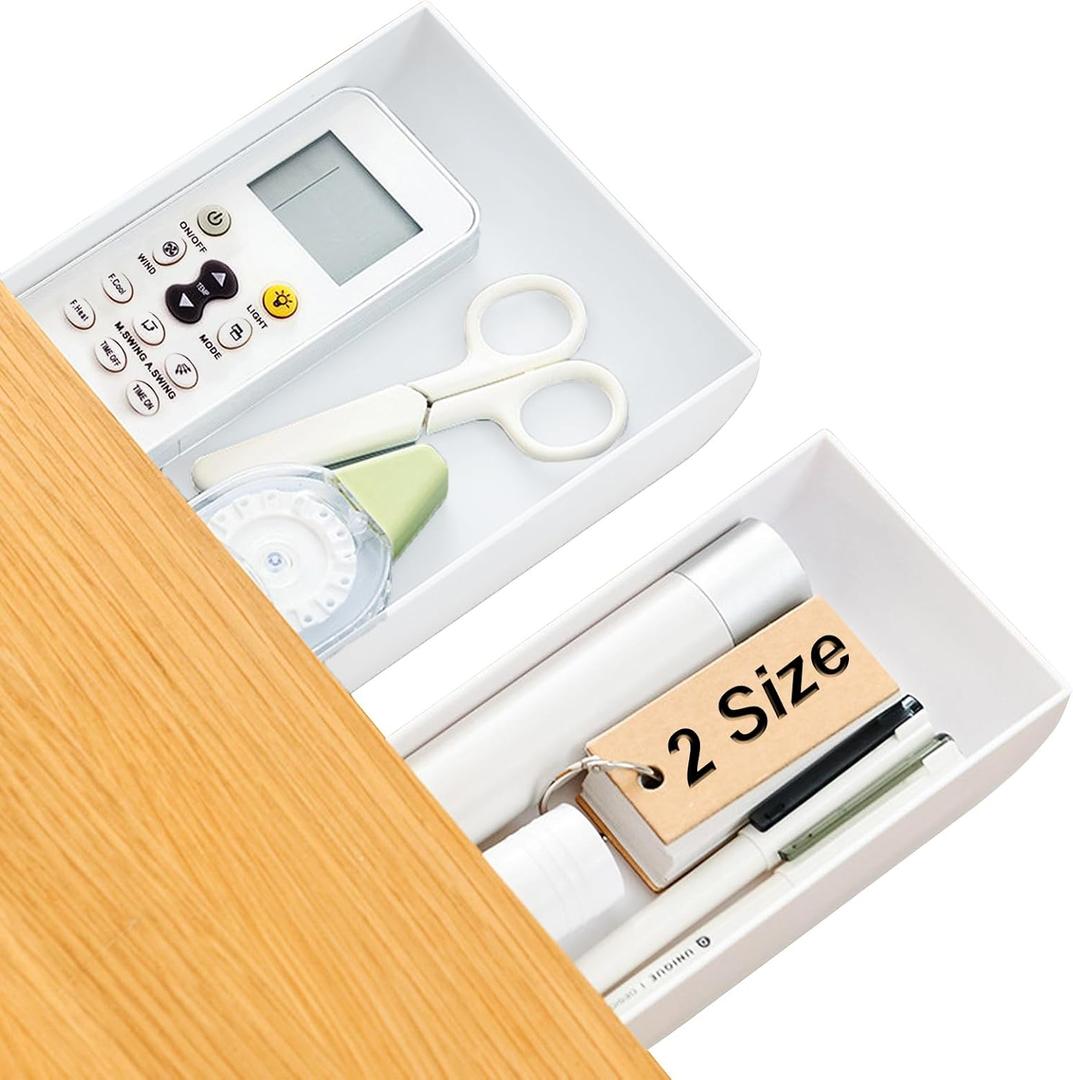2 Packs Under Desk Drawers, Slide Out Drawer Attachment, Plastic Desk Accessories & Workspace Organizers, Self-Adhesive Hidden Desktop Pen Holder for Office School Home (White)