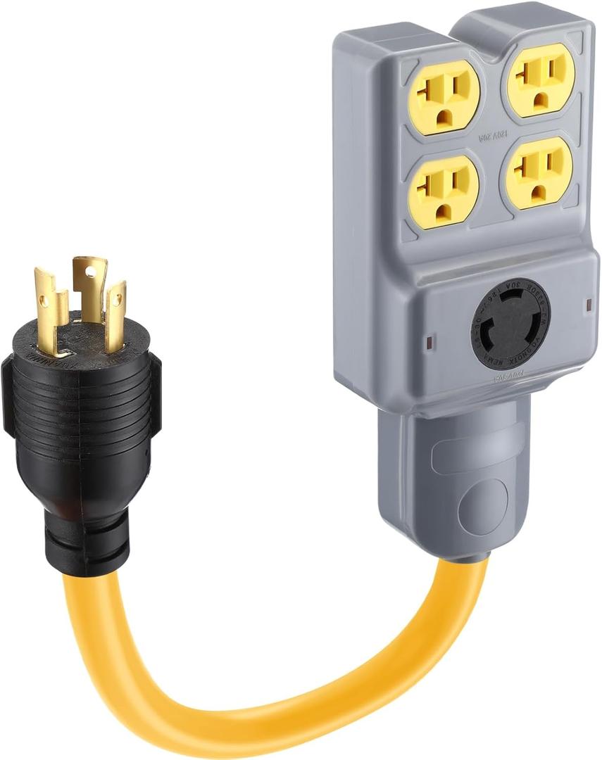 Kanayu 1.5 ft Generator Adapter Extension Cord Compatible with NEMA L5-30P to Four 5-20R/ 5-15R & L5-30R, 3 Prong Locking Generator 30 Amp to 15/20 Amp Cord 125/250v 7500 Watts, ETL Listed