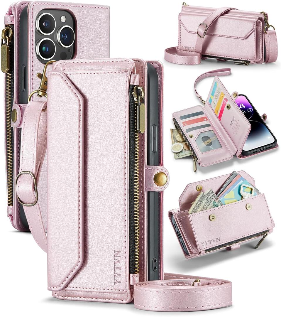for iPhone 14 Pro Max Wallet Case with Zipper Card Holder & Crossbody Lanyard Strap & Wrist Strap, RFID Blocking PU Leather Magnetic Flip Handbag Purse Case for iPhone 14 Pro Max - Rose Gold