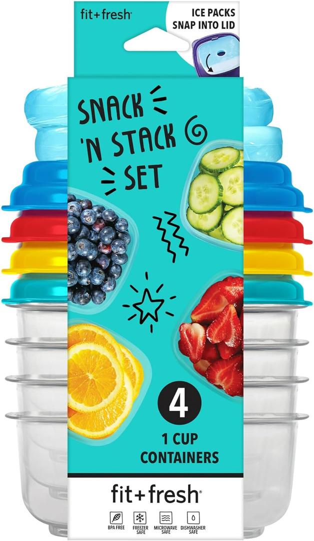 Fit & Fresh Small Plastic Containers 8 oz With Multicolor Lids, Reusable Leakproof Snack Containers for Adults and Kids, Dressing and Condiment Containers (1 Cup)