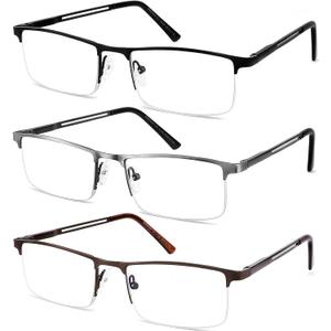 JJWELL 3 Pack Blue Light Reading Glasses for Men, Lightweight Metal Rectangle Semi Rimless Readers for Men, Anti Eyestrain/ Computer Glare/ UV, Half Frame Spring Hinge Eyeglasses with Pouches, Magnification Strength: 2 x