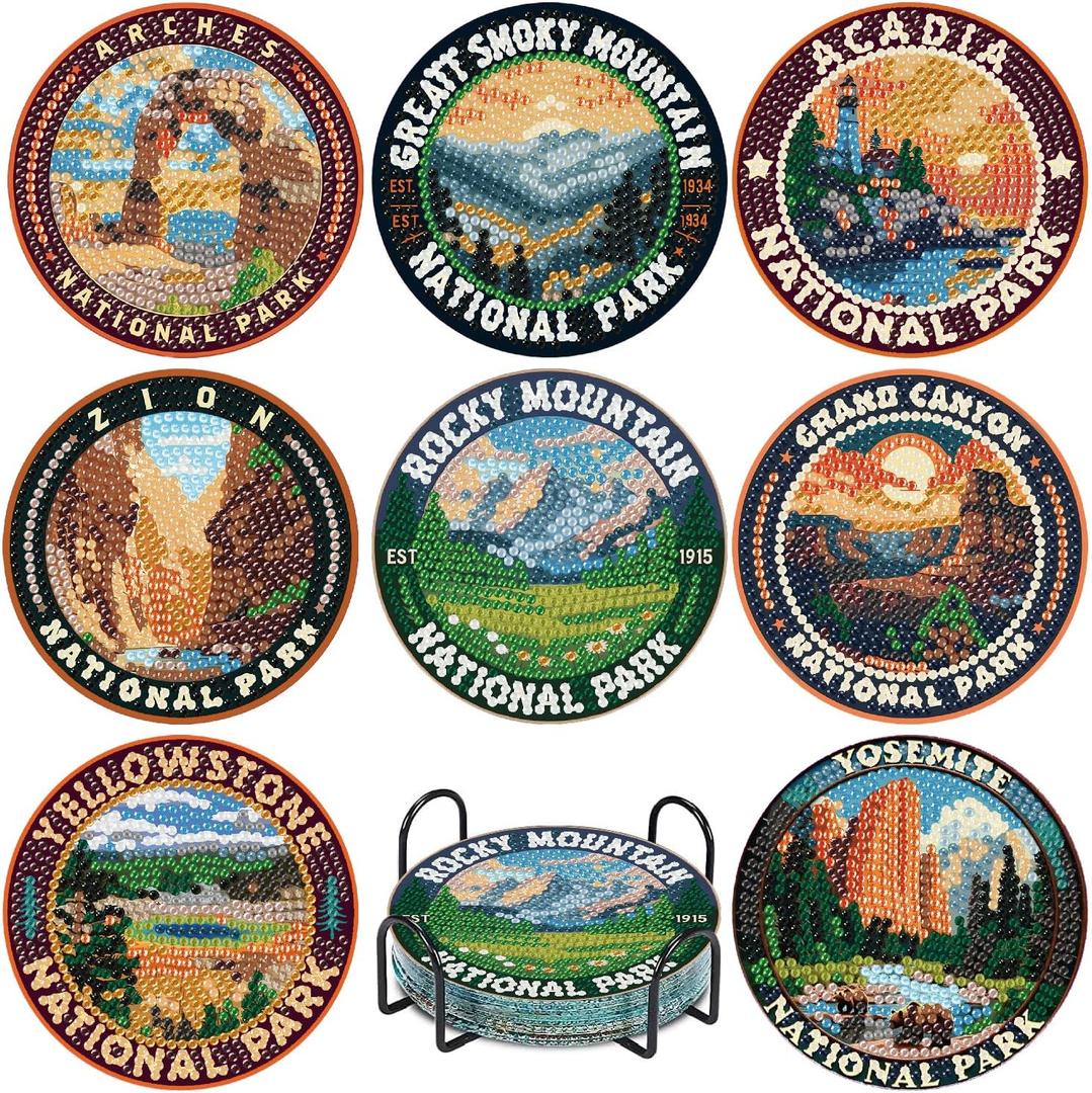 NEGEKFKX 8 Pcs National Park Diamond Art Painting Coasters Kits, Coaster with Holder for Adults, Non-Slip DIY Dot Paint Craft Kits,5D Full Drill DIY Diamond Dot Gem Art Kit Home Decor Arts Craft