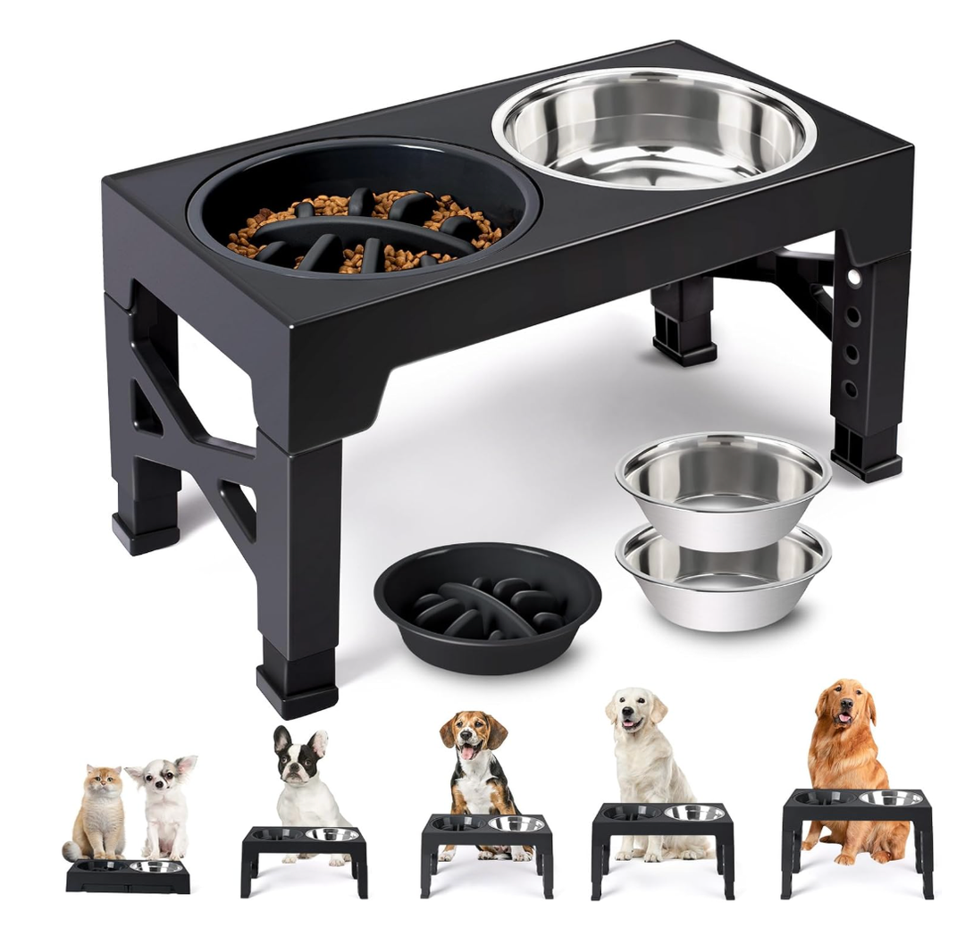Heeyoo Elevated Dog Bowls - 5 Adjustable Heights Stand, 2 Stainless Steel Bowls & 1 Slow Feeder, 3.2" to 12.2" for Small to Large Dogs