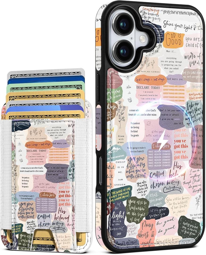 Shorogyt for iPhone 16 Wallet Case - Fits 5 Cards, Compatible with Magsafe Detachable Magnetic Credit Card Holder Leather Cardholder Cute Phone Cover Women Girls for Apple 16, Collage