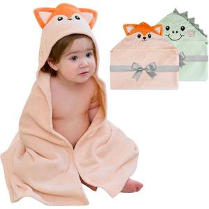 Viviland 2 Pack Hooded Baby Towels, Soft 100% Cotton Baby Bath Towels with Hood, Extra Thick and Absorbent, Essential for Newborns, Kids, Infants - Girls and Boys (Dinosaur & Fox)