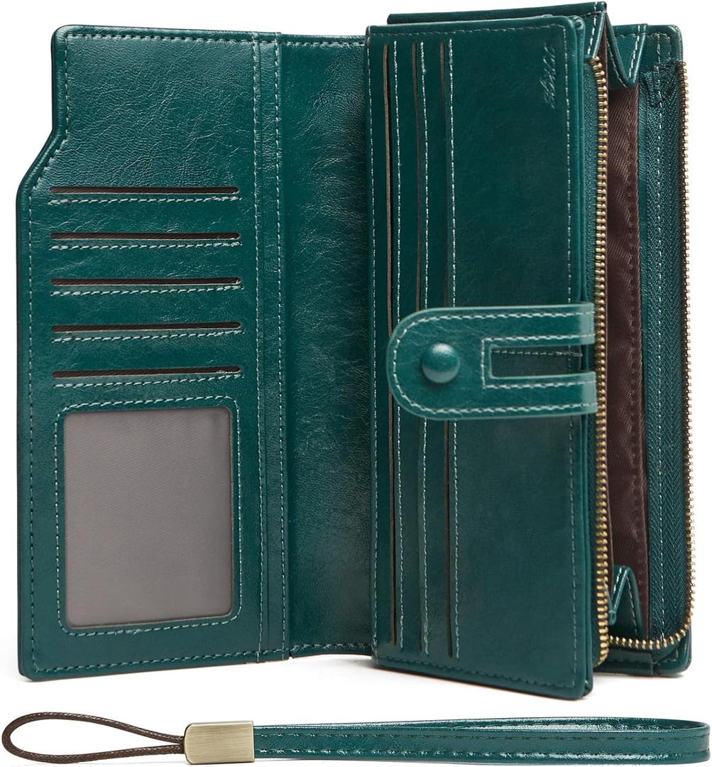Wallet for Women RFID Blocking Leather Large Capacity Card Holder Ladies Phone Clutch Travel Long Purse Wristlet | RFID Blocking, Leather, Large Capacity, Ladies, Travel (3-Dark Green)