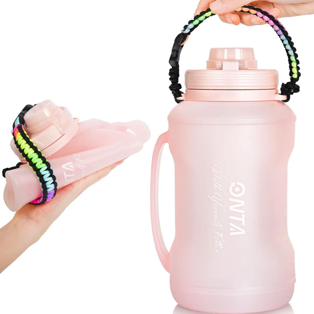 ONTA Collapsible Large Water Bottle - BPA Free Silicone Reusable Flat Water Cup with Straw Paracord Handle Airplane Travel Essential Flask Lightweight Leakproof Gym Running Hiking 68 oz Pink