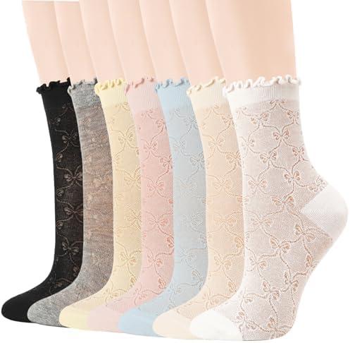 scenicamp Ruffle Lace Socks Summer Ultra Thin Mesh Crew Socks Casual Cotton Frilly Ankle Sock for Women Girls 7 Pairs