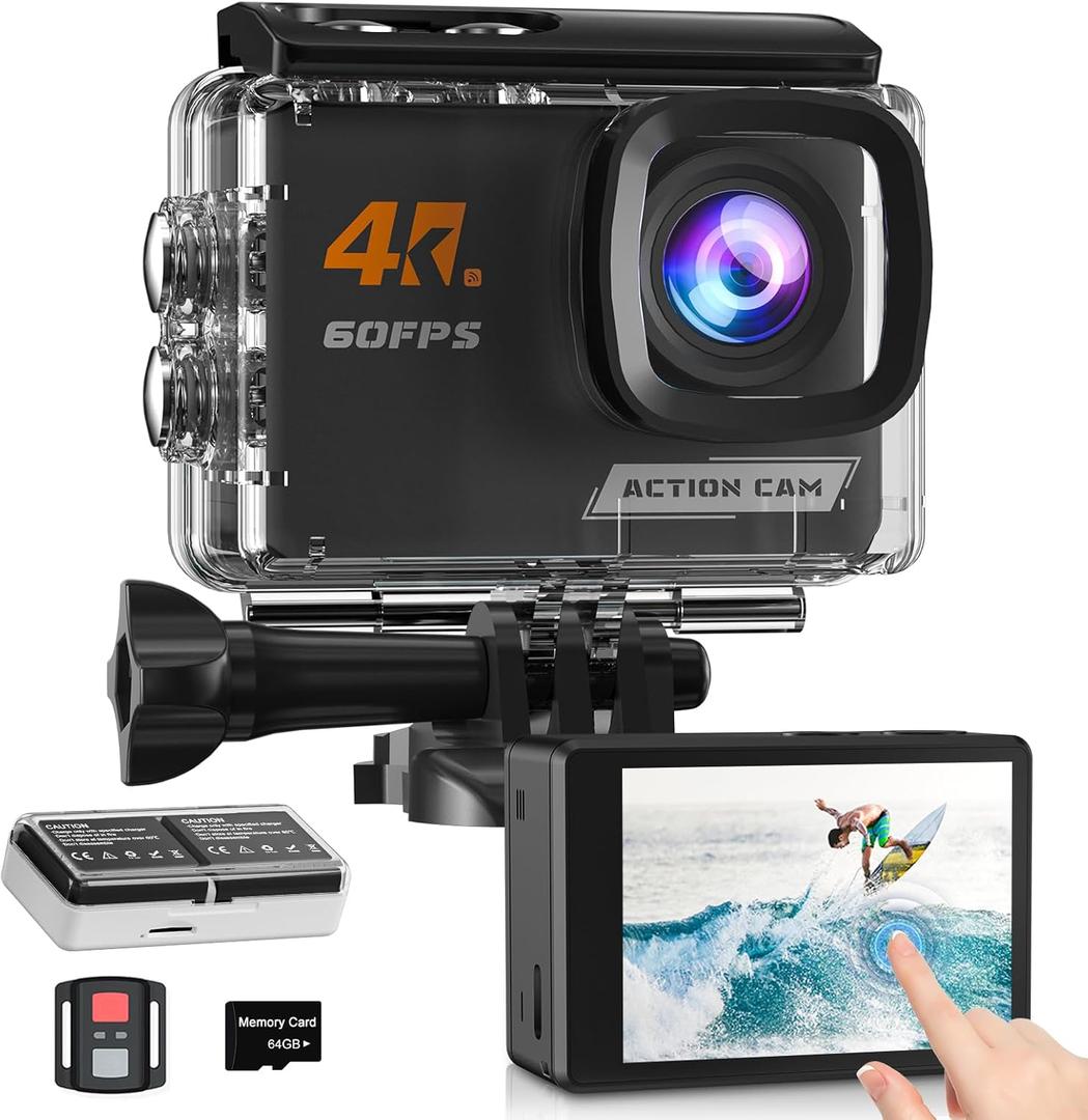 Yolansin 4K60FPS Action Camera Touchscreen, 40M Waterproof Underwater Camera with 64G SD Card, 6-Axis Stabilization Motorcycle Camera 8X Zoom with 2.4G Remote Control 2 * 1350 mAh Batteries