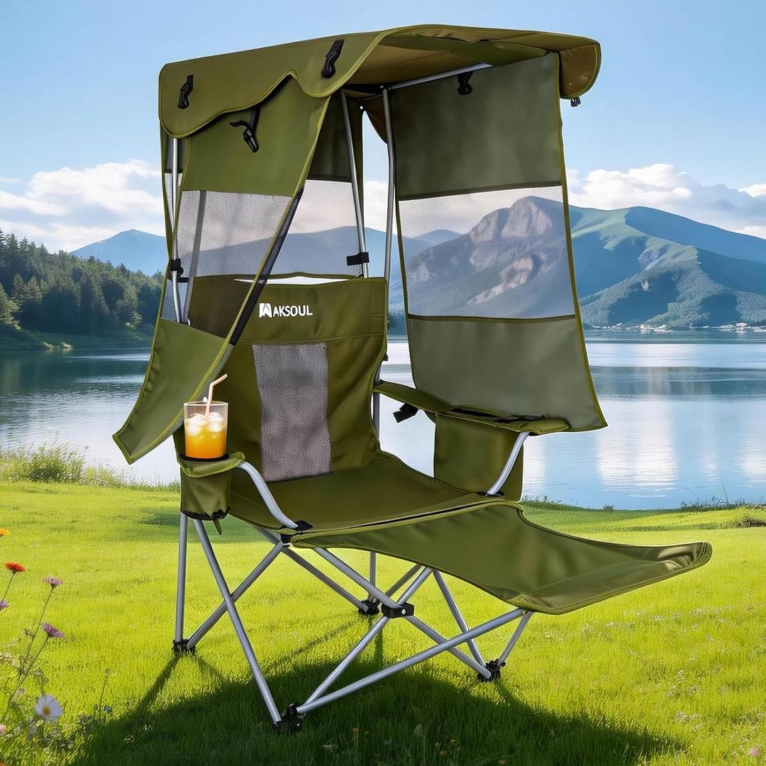 AKSOUL Folding Camping Chair with Shade: Canopy Camp Chairs with Umbrella for Adults,Portable Beach Chairs with Cup Holder, Side Pocket for Lawn, Sports, Tailgates, Fishing - Support 330 LBS,Green