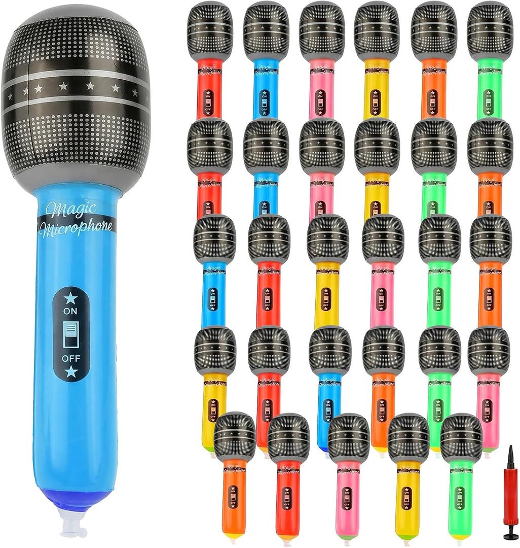30Pcs Inflatable Microphones Set for Parties with Pump | 10-Inch Neon Blow Up Fake Microphone for Adults, Ideal for Party Favor Prizes, DJ Props, Birthday and Concert Decorations