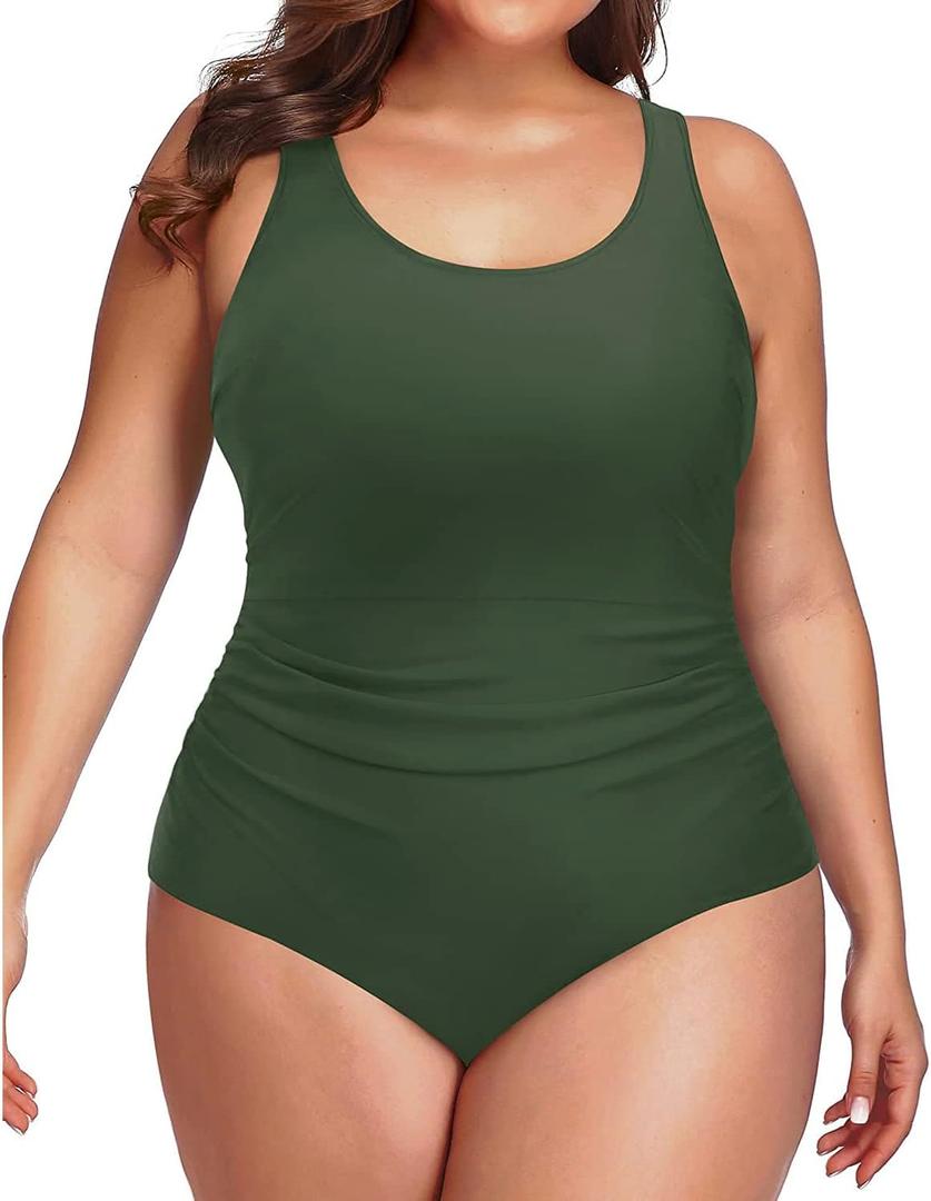 Daci Women Plus Size One Piece Swimsuit Athletic Tummy Control Ruched Bathing Suit with U-Back (Green)