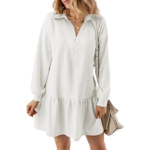 kipfall Women's Casual Dresses Long Sleeve Button V Neck Sweatshirt Dress Lapel Collared Pullover Dress (White, L)