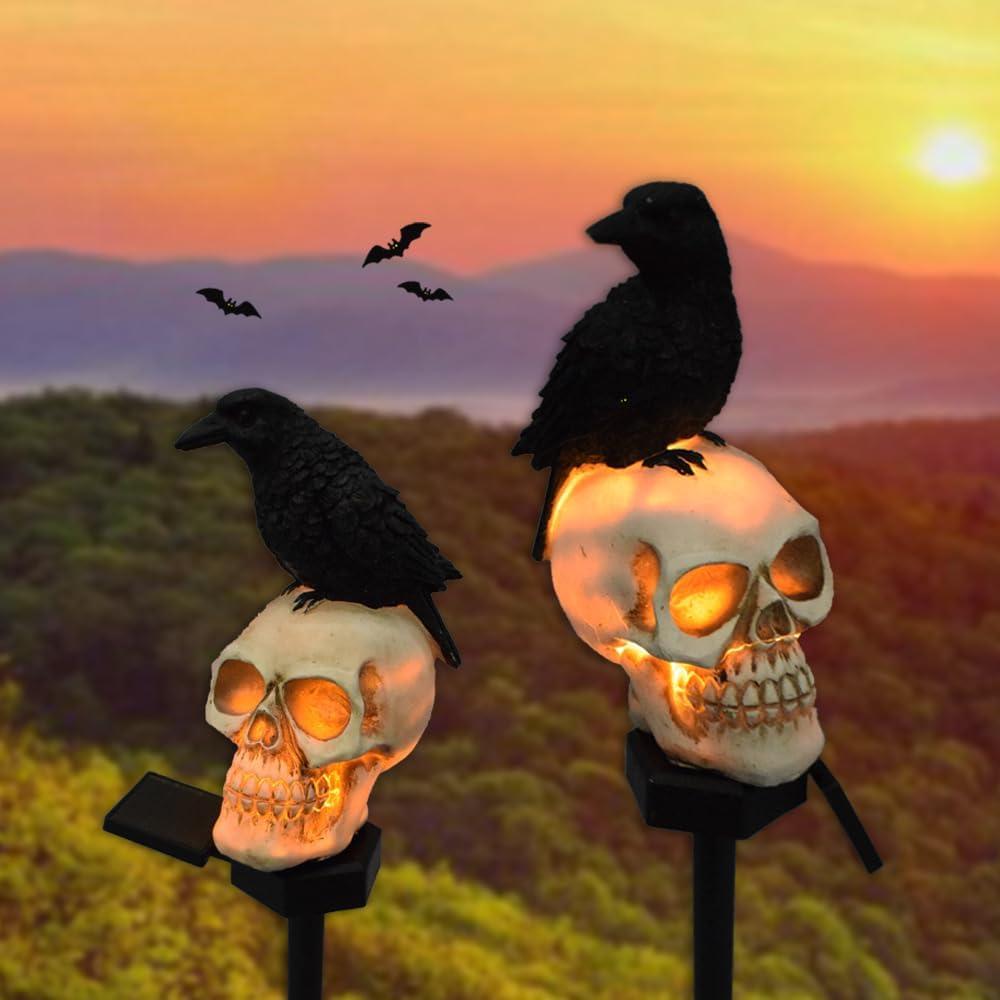 2 Packs of LED Solar Crow Skull Lights, Halloween Outdoor Atmosphere Decoration lamp, and Cute Resin Crow Skull Courtyard Landscape Lights.