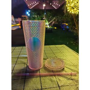 Studded Tumbler with Straw 24 oz Tumbler with Lid and Straw, Textured Plastic Tumbler Double Wall BPA Free for Iced Coffee, Cold Drinks or Water, 24 oz, Pink