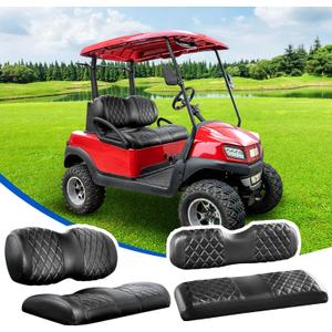 NOKINS Golf Cart Front&Rear Seat Covers Kit, Front Seat Covers Fits Club Car Precedent/Tempo/Onward Premium Seat Cushion, Rear Seat Covers Fits Aftermarket Standard Cushion (Black&Black Stitch)