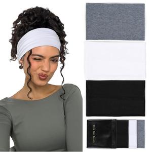 Huachi Wide Headbands: Boho Elastic Non-Slip Thick Stretchy Headbands for Women's Workout, Running, and Active Wear (Color Set 1: Black, white, light gray)