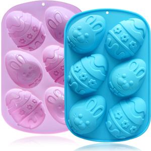 HKNMTT Easter Egg Molds Silicone 3.5 Inch, 2-Pack Chocolate Baking Holiday Mould, Non-Stick BPA Free, Kid-Friendly Soap Rabbit & Floral Designs, Blue & Pink