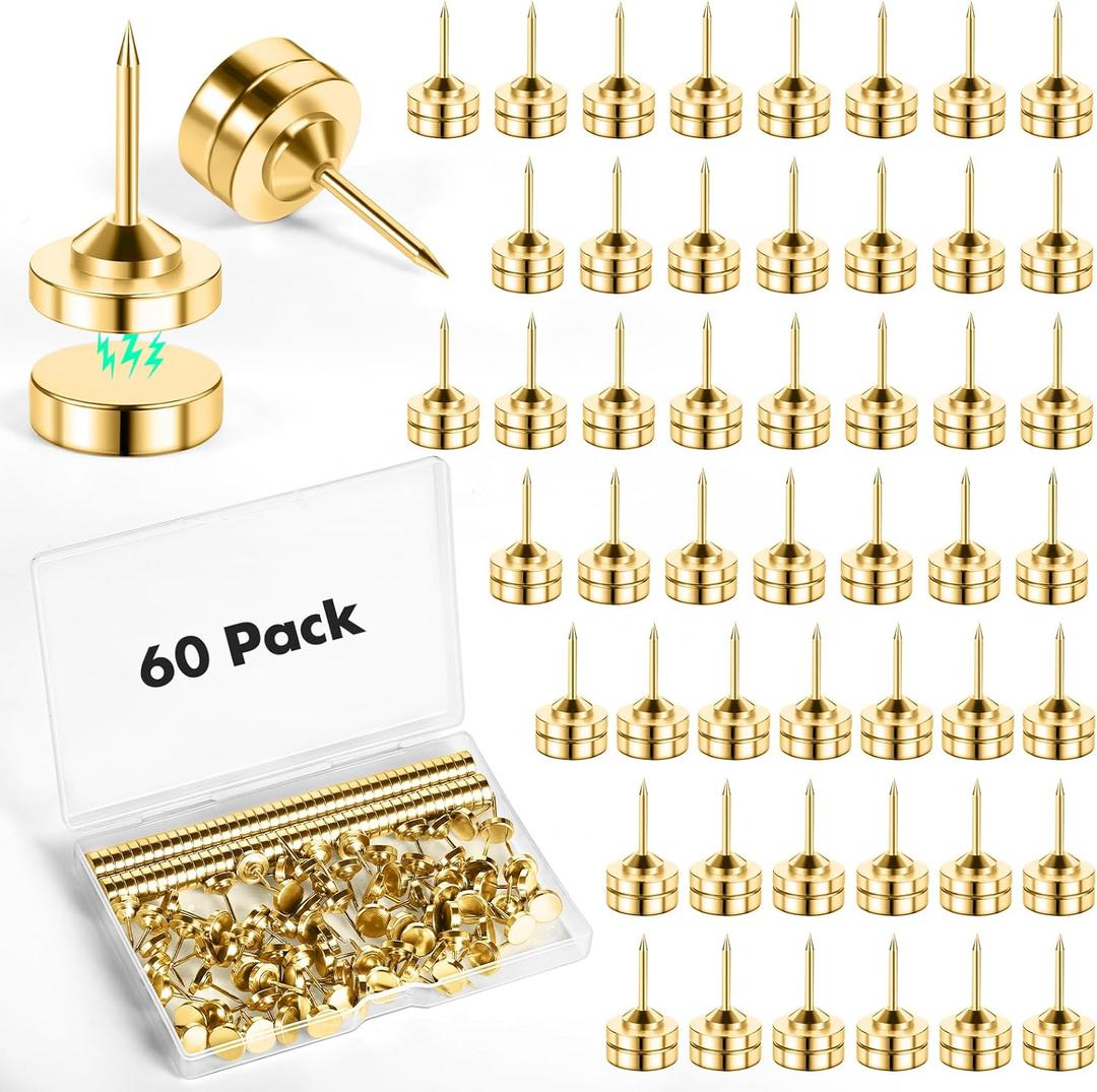 60 Sets of Gold Magnetic Push Pins, Flat Poster Hanger, Cute Push Pins for Corkboard,Thumb Tacks for Wall Hangings, Decorative Pushpins for Bulletin Board
